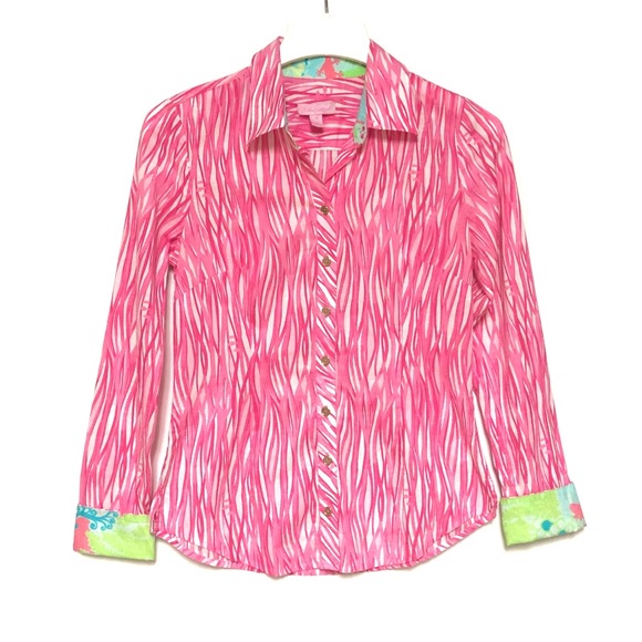 Lilly Pulitzer Blouse Top Womens 0 Pink Button Down Flip Cuff Colorful Preppy - Picture 1 of 9
